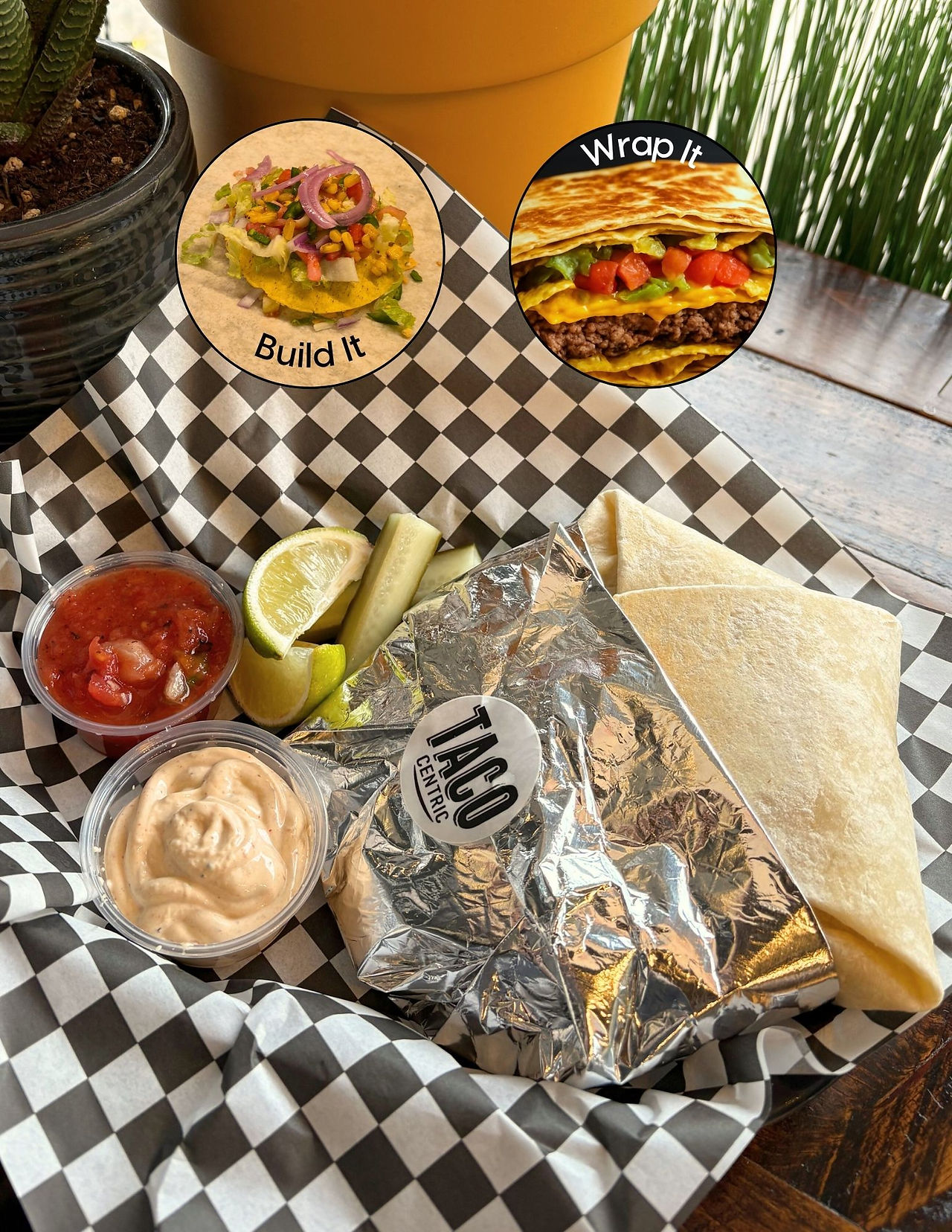 photo of a nacho average crunch burger in a basket on a table