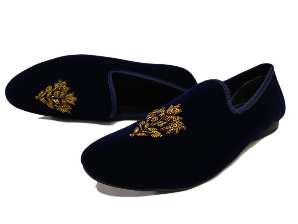 Thumbnail: Navy Blue Velvet Hand Embroidery Shoes For Men & Boys Customizable 6001