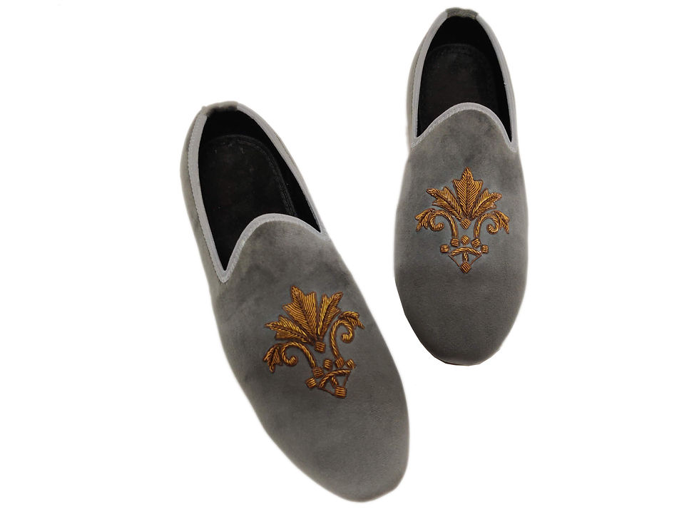 Thumbnail: Golden Bullion Thread Embroidery Grey Velvet Loafers For Men 6002