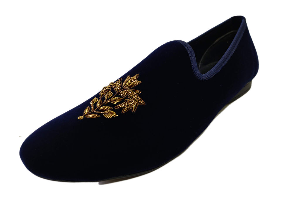 Thumbnail: Navy Blue Velvet Hand Embroidery Shoes For Men & Boys Customizable 6001