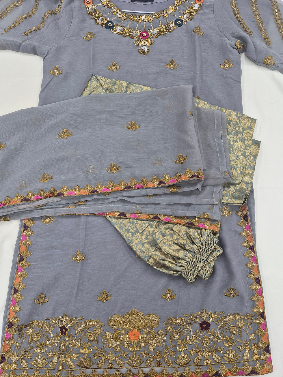 Thumbnail: 3 piece Light blue colored Handmade shalwar kameez with floral design