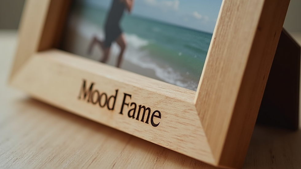 Close-up view of a wooden photo frame with engraved family name