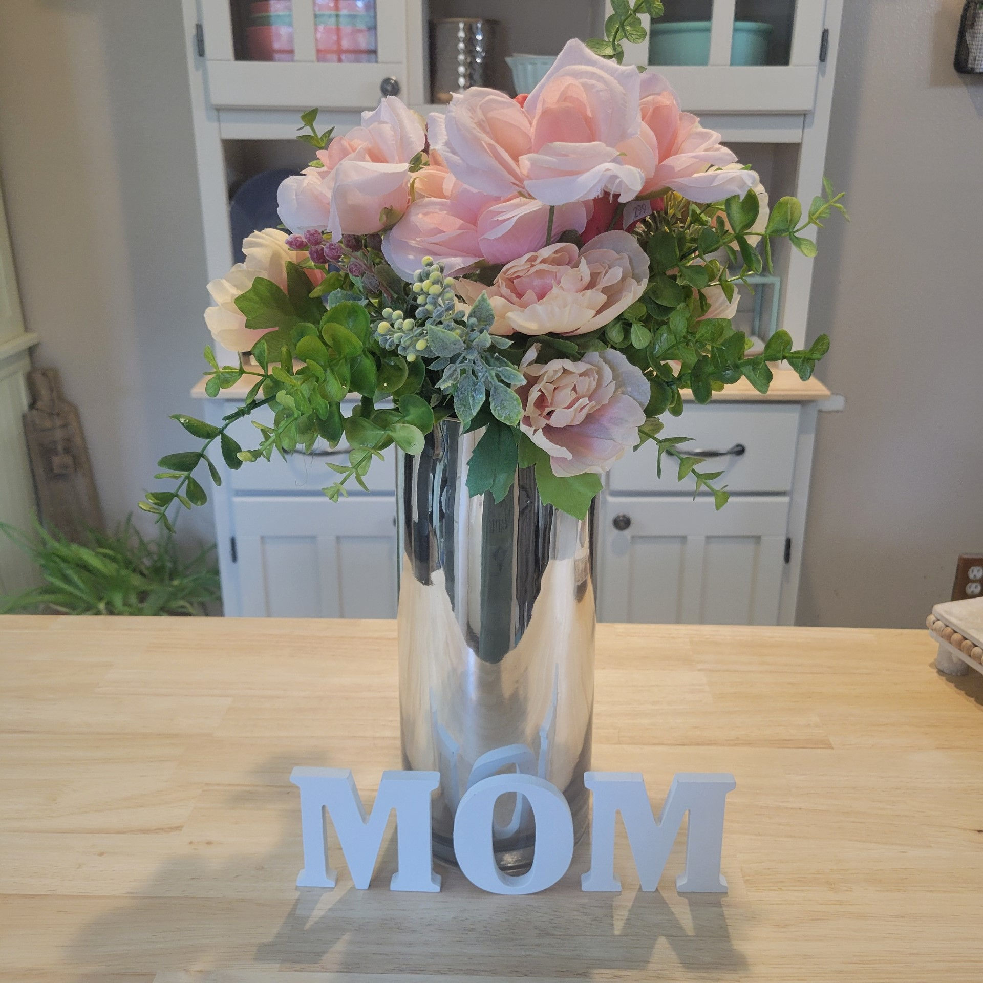 Large silver vase with beautiful flower arrangement,  Mom sign
