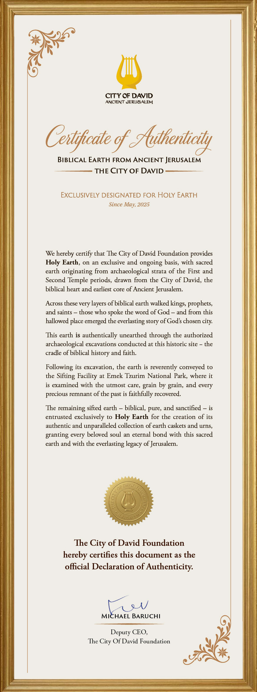 City of David Certificate of Authenticiy