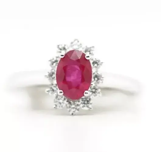 0.30ct Diamond & 0.70ct Ruby Halo Ring 18ct white gold-Size N-3.3g RRP-£2495