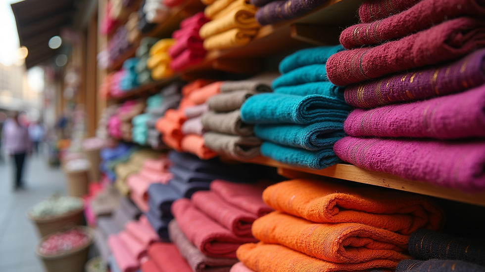 Close-up view of colorful handmade fabrics displayed in a local market