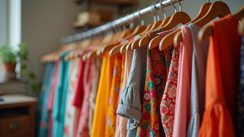 Eye-level view of clothing rack with colorful local dresses