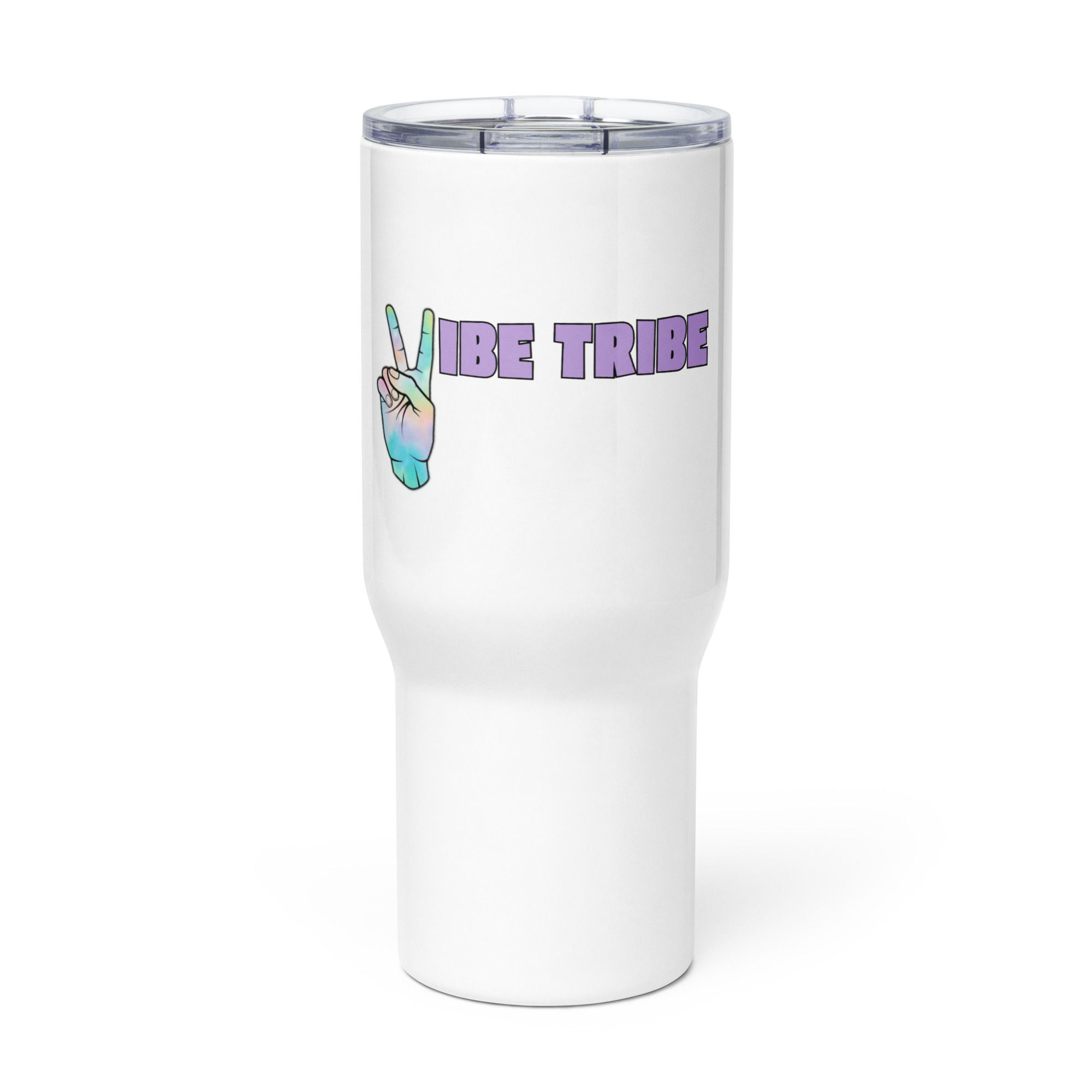 Vibe Tribe travel mug with a handle