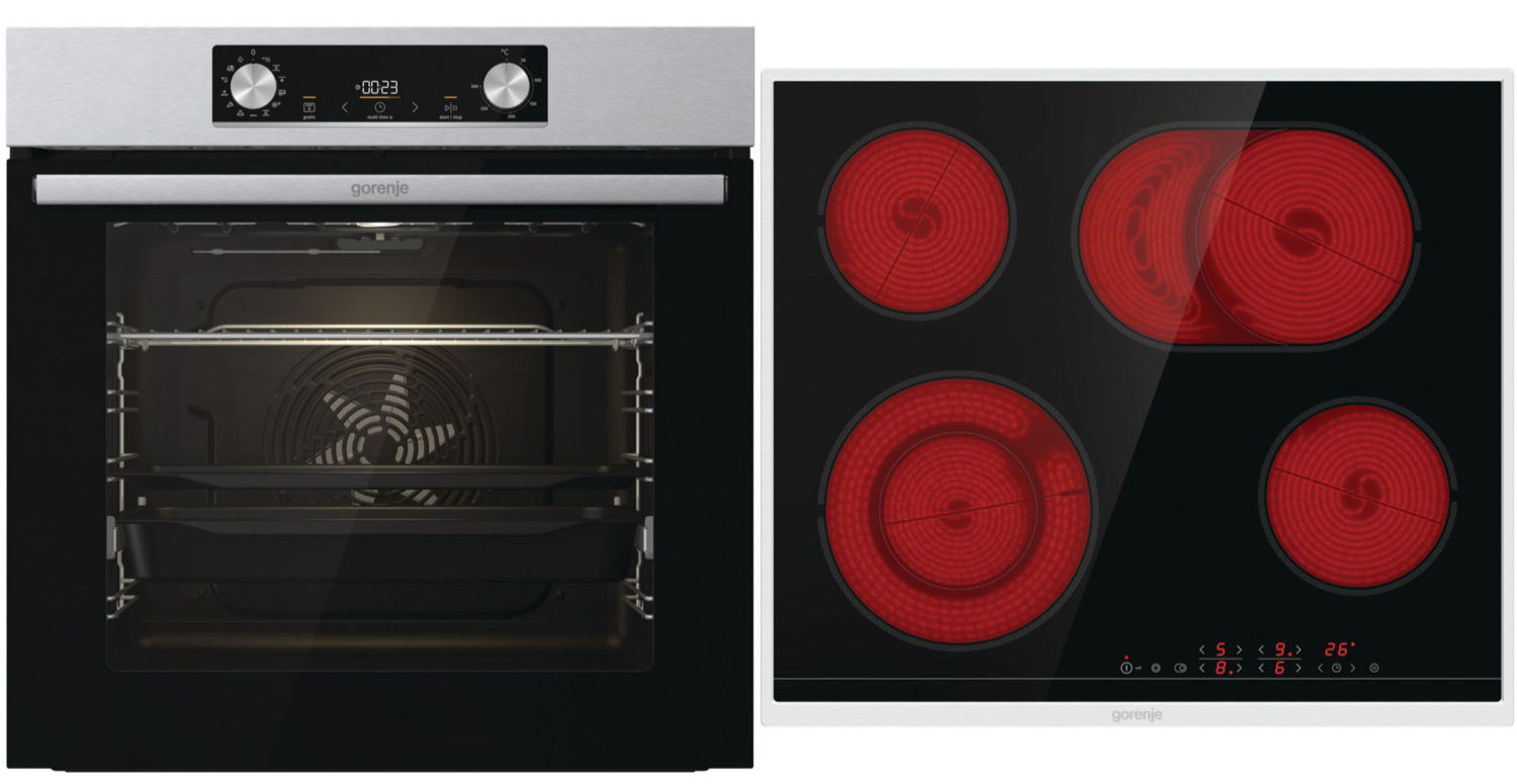 Frontalansicht des Gorenje Herd-Sets mit Backofen und Glaskeramik-Kochfeld.