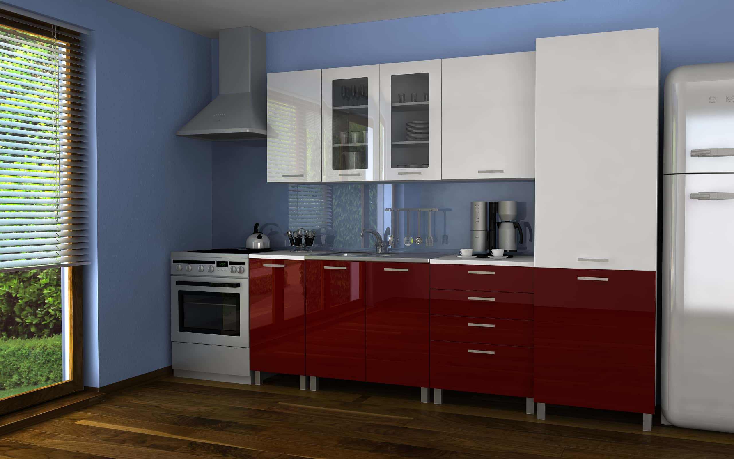 Gesamtansicht des Küchenblocks SIMI in modernem Design, mit 240 cm Breite und eleganten Aluminium Relinggriffen.