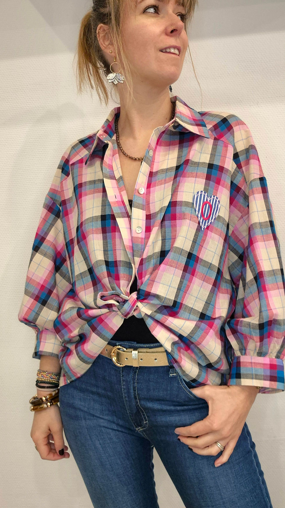 Chemise à carreaux rose et bleu femme coupe ample