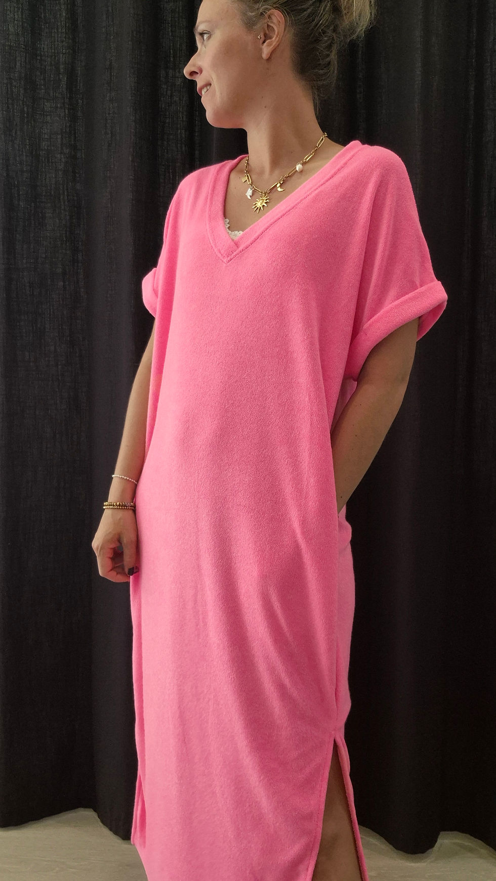 robe longue eponge rose fluo femme