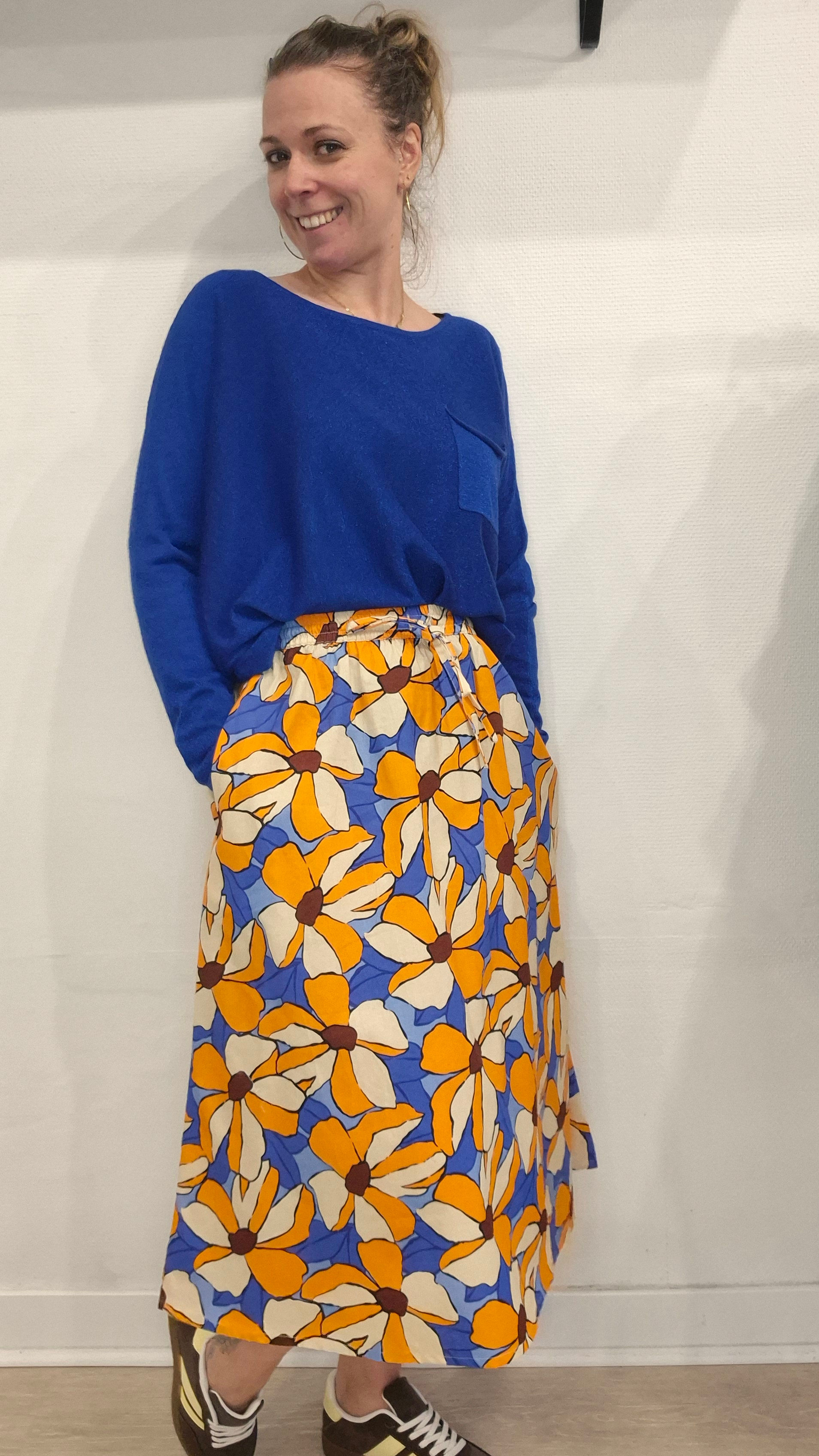 Jupe midi orange bleu électrique femme