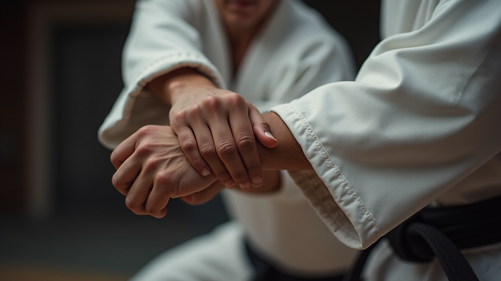 Close-up view of a martial artist performing a Hapkido wrist lock technique