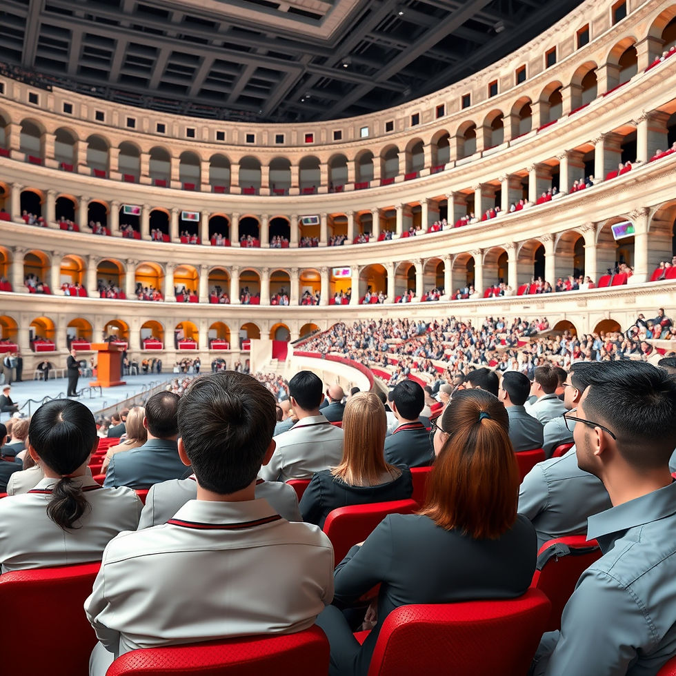 professionals attending a conference, listening to a speaker in a colosseum.jpg
