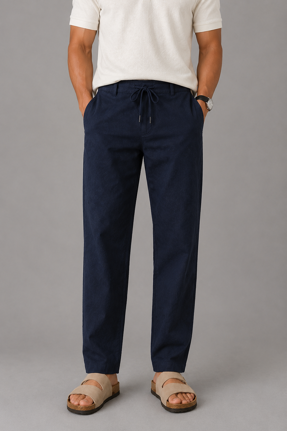 Blue cotton linen drawstring trousers front view with relaxed fit