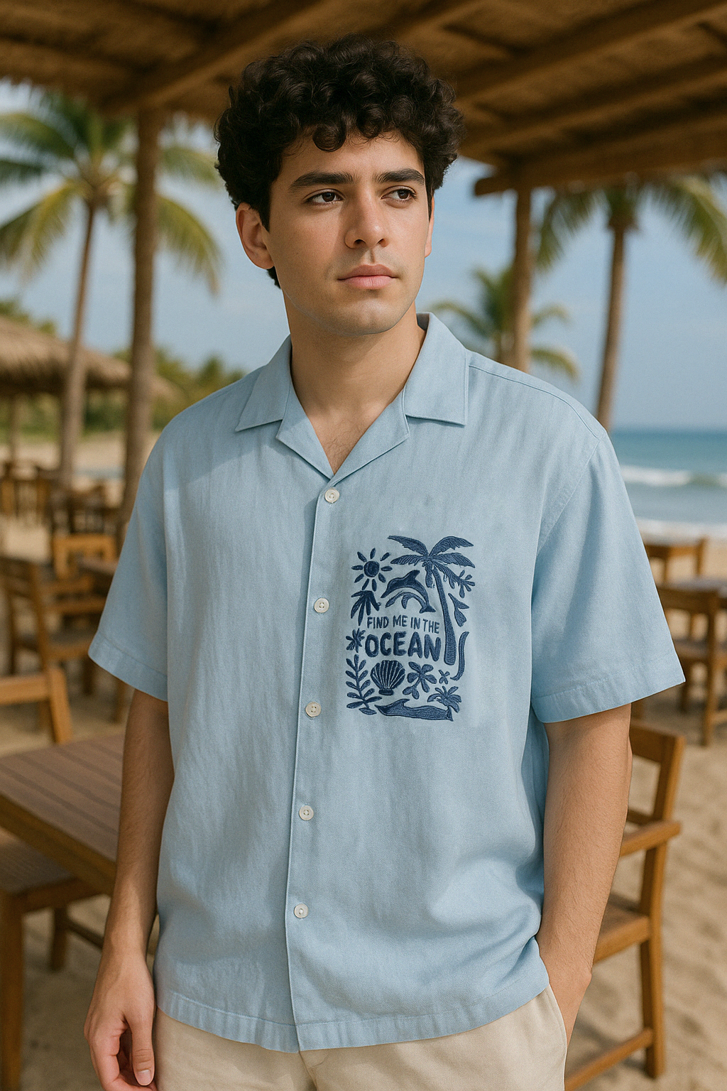 Beach Embroidery Short Sleeve Shirt