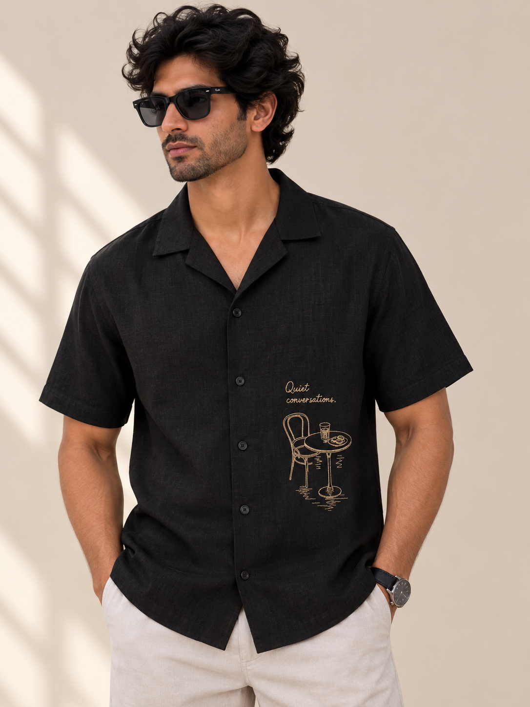 Black linen blend shirt with Old Café Story café scene embroidery on right front