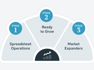 Diagram showing three stages of training business growth: Spreadsheet operations, ready to grow, and market expanders