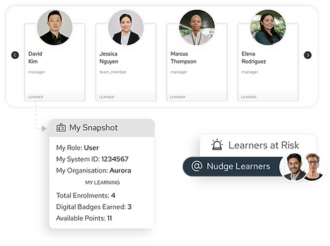 Team member cards with My Snapshot panel showing user details and Learners at Risk section with Nudge Learners button