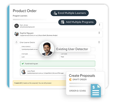 Product Order interface shows Existing User Detector, with buttons for enrol multiple learners, add multiple programs, and create proposals draft overlay
