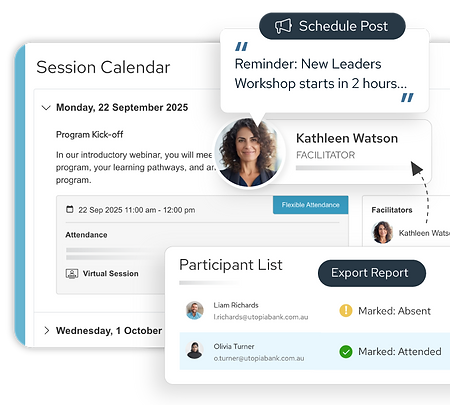Session Calendar interface showing a scheduled post and participant list with an export report button