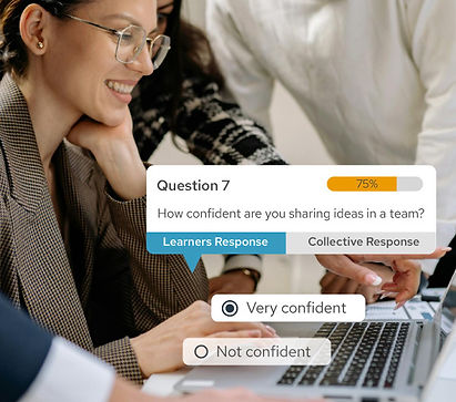 Smiling coworkers viewing laptop with overlaid confidence rating Learner Responses