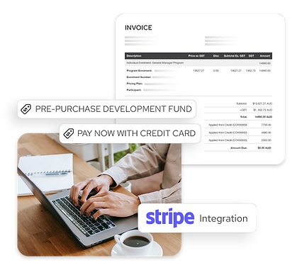 Interface overlays showing an invoice, payment options, and Stripe logo