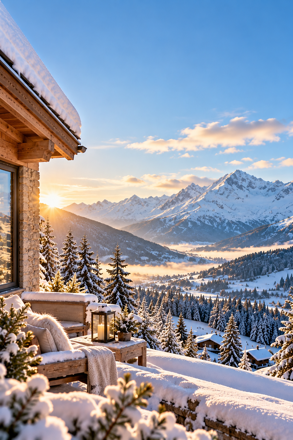 Chalet cosy face aux sommets enneigés.png