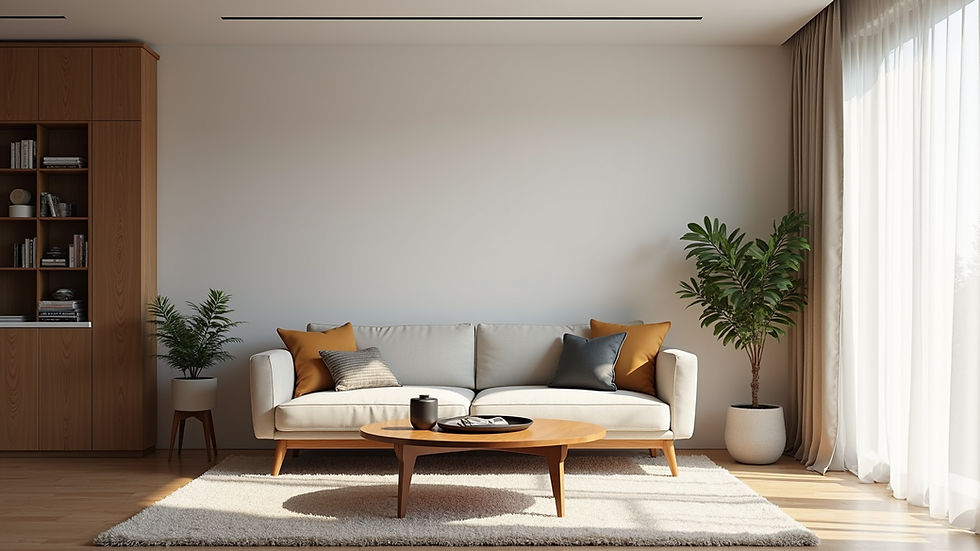 Eye-level view of a stylish living room featuring a mid-century modern sofa and decorative accessories