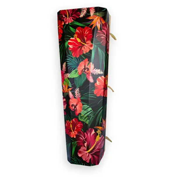 Hibiscus printed eco cardboard casket with tropical floral design