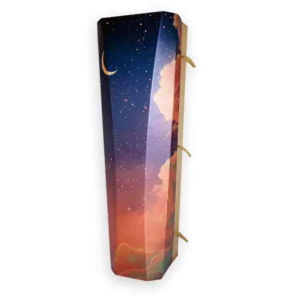Starry night sky printed eco cardboard casket with crescent moon and evening sky design