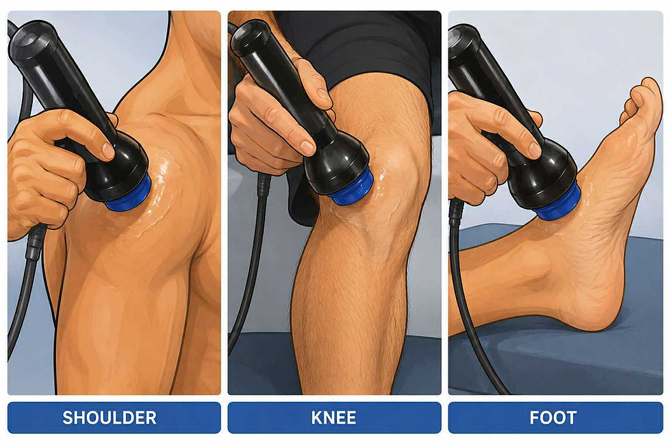 Dr. Eric Hahn performing OmniWave Shockwave Regenerative Therapy on a patient at Oasis Chiropractic in Cottage Grove, MN for chronic tendon pain and soft tissue recovery