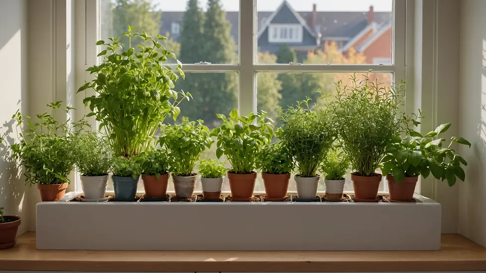 Eye-level view of a vibrant herb garden on a kitchen windowsill