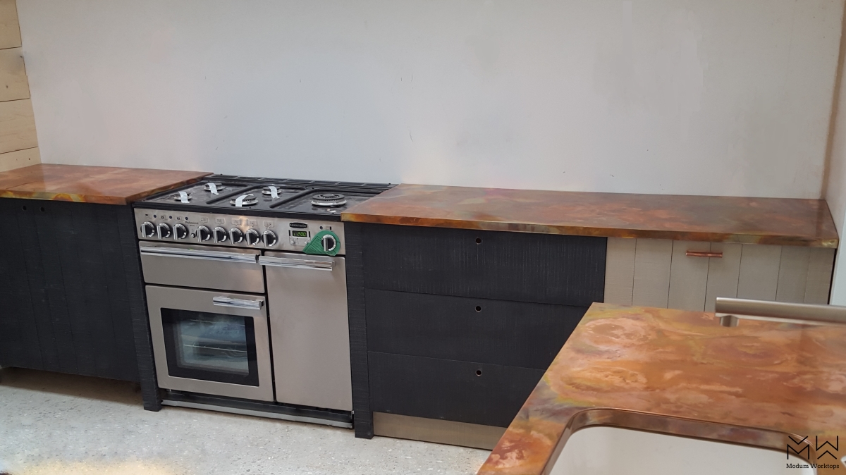 Aged copper worktop