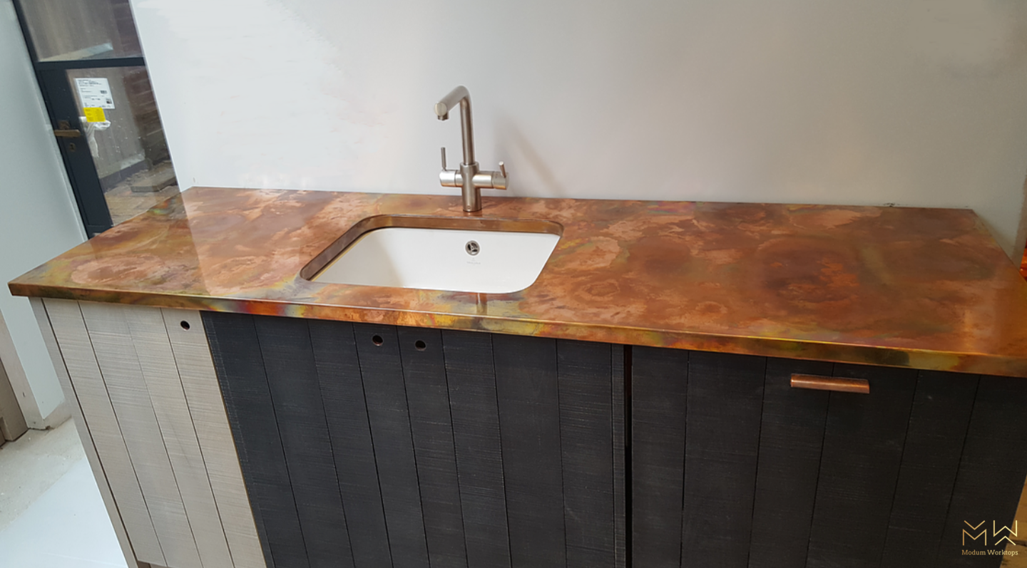Aged copper worktops