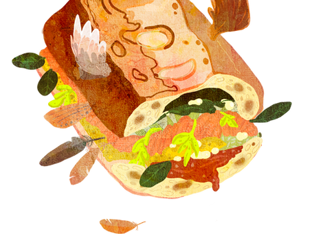 A flying baguette sandwich, smoked salmon, tomatoes, mayonnaise and green leaf. It flew too close the sun and now plummets to its doom.