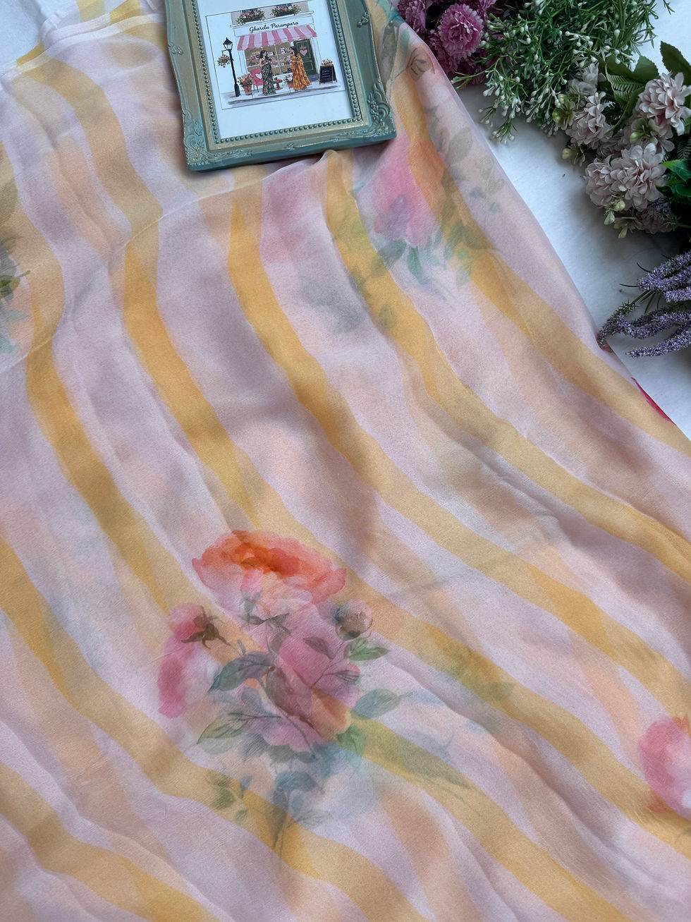 Thumbnail: Striped Yellow floral saree 