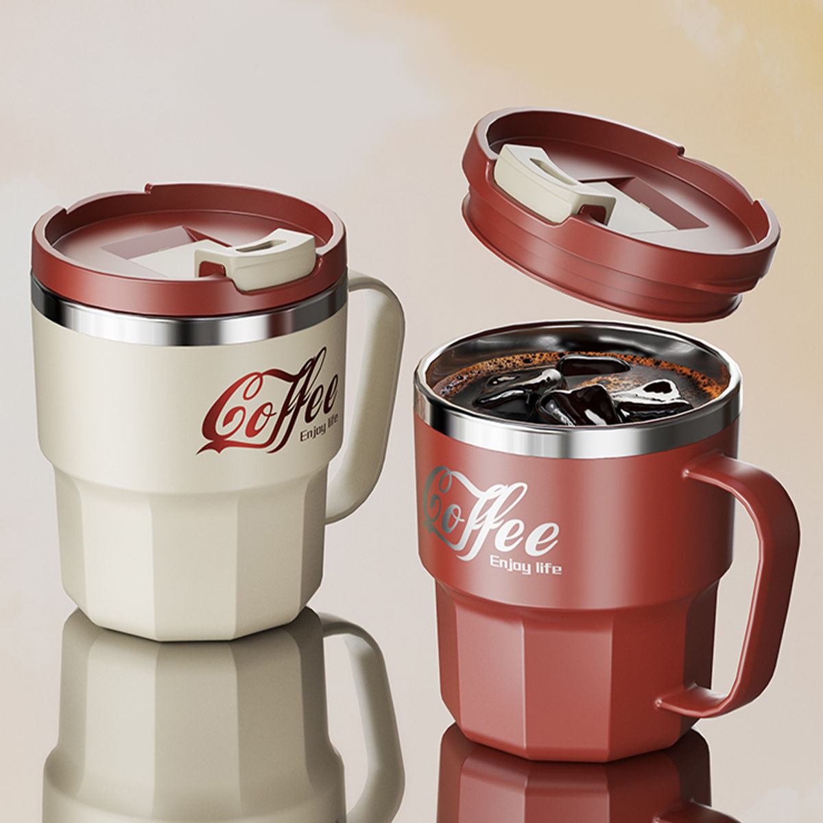 Caneca de café WORTHBUY com tampa e alça, em aço inoxidável 304, ideal para chá.