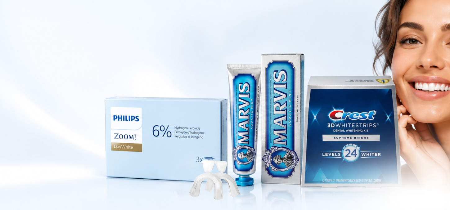 Crest производи за оралну негу и избељивање зуба приказани поред насмејане жене