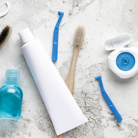 Oral hygiene products including toothbrushes, toothpaste, and dental floss