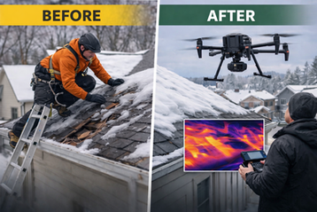 Before and after comparison of traditional roof inspection and drone roof inspection detecting winter roof damage