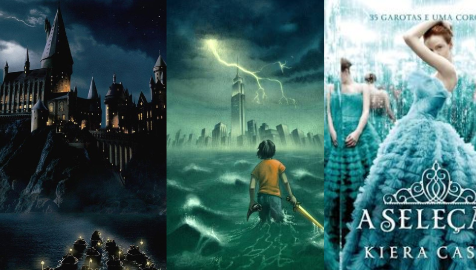 Castelo de Hogwarts (Harry Potter); Capa do livro de Percy Jackson e o Ladrão de Raios; Capa do livro A Seleção. Créditos: Pinterest