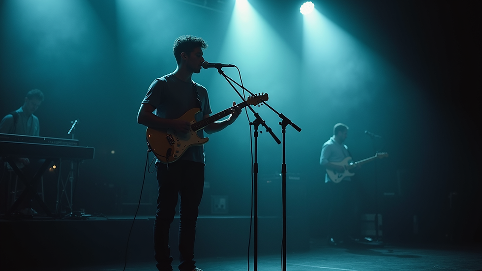 Eye-level view of a musician performing on stage