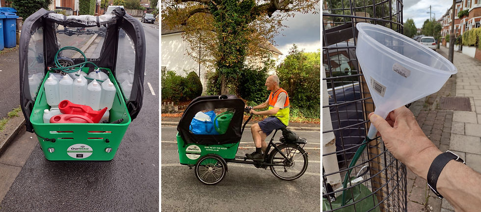 Left: cargo bike loaded with water. Centre: pedalling up Red Post Hill. Right: watering with funnel and hose