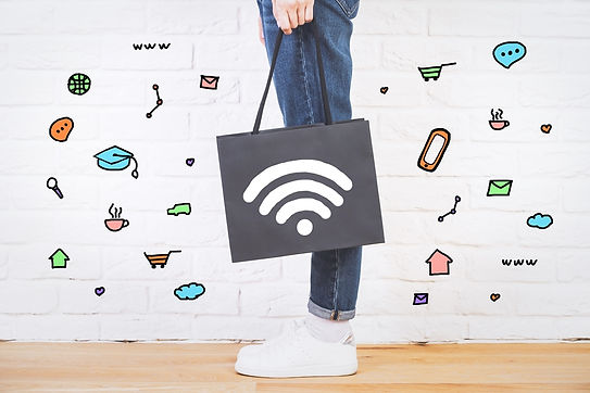 side-view-stylish-female-jeans-sneakers-holding-shopping-bag-with-wi-fi-signal-icon-variou