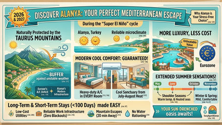 El Niño sıcak hava dalgaları sırasında Alanya ile Avrupa seyahatini karşılaştıran bilgi grafiği (2026-2027).