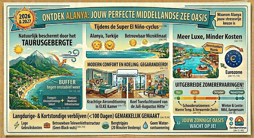 Infographic die reizen naar Alanya vergelijkt met reizen door Europa tijdens de El Niño-hittegolven van 2026-2027.