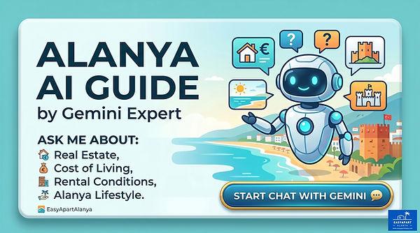 An illustrated banner for EasyApartAlanya showing an AI robot in front of the Alanya coast and the Red Tower. The text invites visitors to start a chat with the Gemini expert for questions about real estate, cost of living, and rental conditions in Alanya.