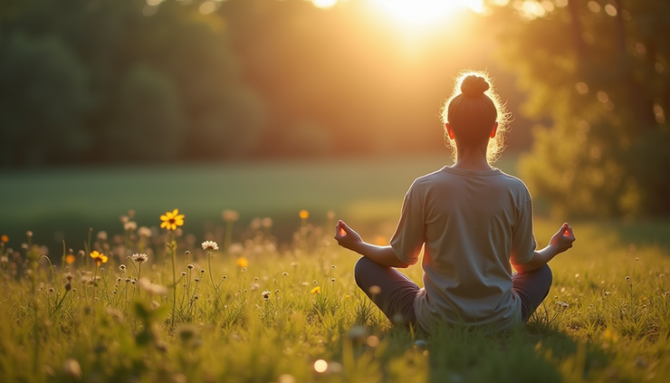 Eye-level view of a person meditating outdoors with nature in the background